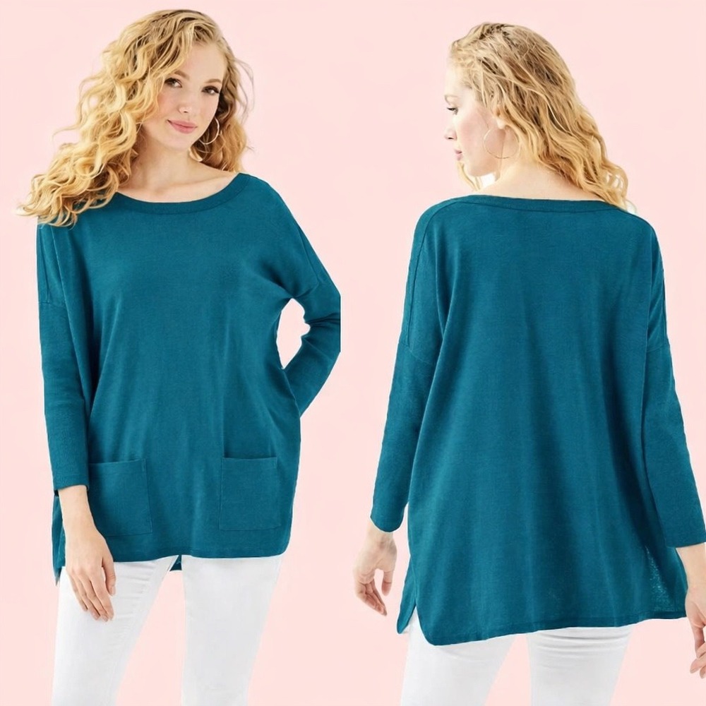 Lilly Pulitzer Cobo Metallic Knit Tunic Sweater Large‎ Teal Pocket Boat Neck